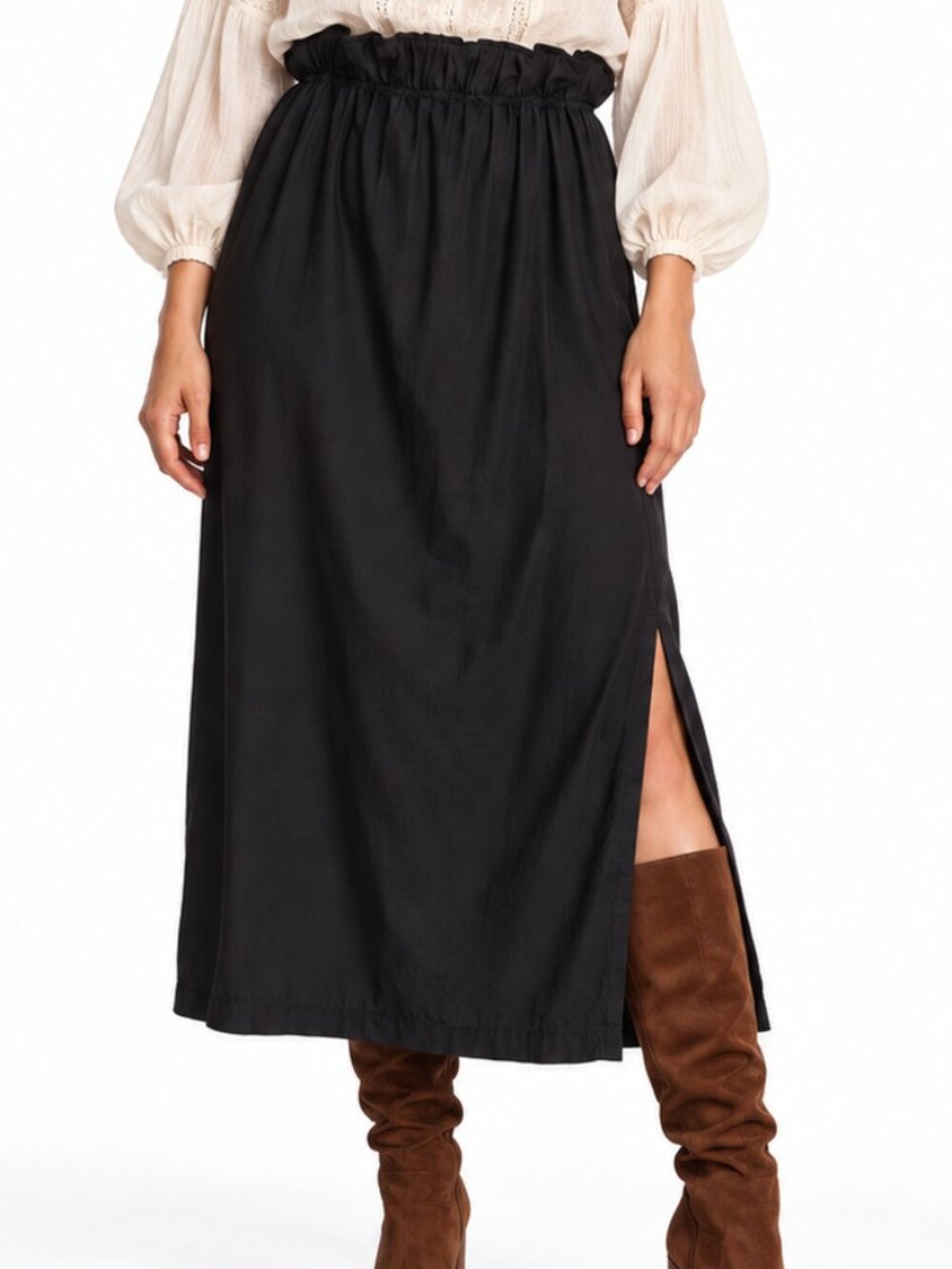 Free people Free-est Black Ruffle Waist Pull On Side Slit Midi Skirt Size Large